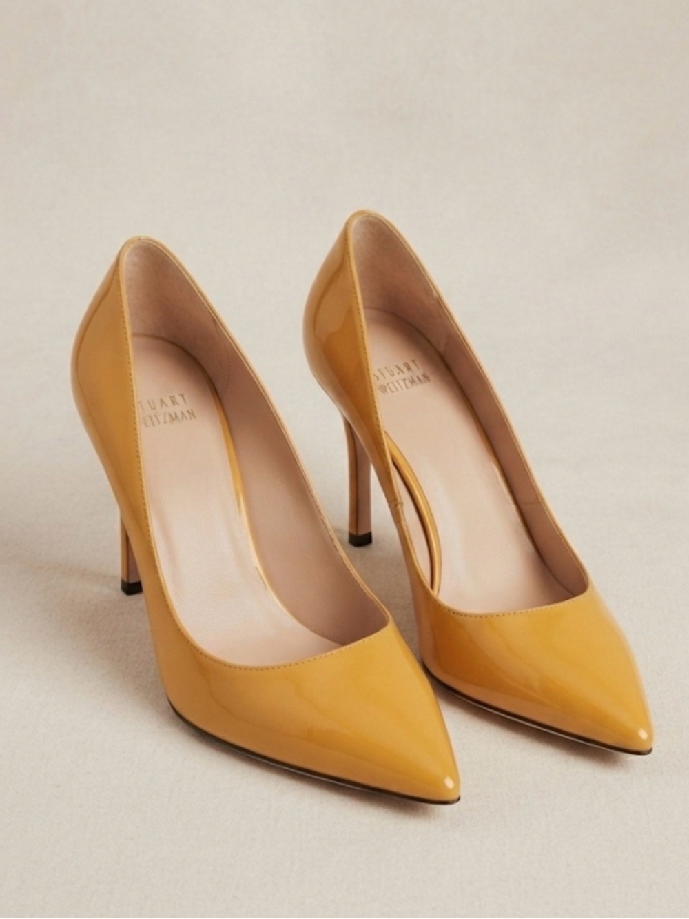 Stuart Weitzman Mustard Yellow Patent Leather Pointed-Toe Pumps